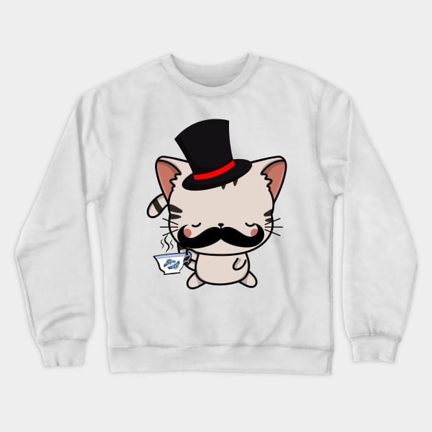 Sophisticated Tabby Cat Drinking Tea wearing a top hat Crewneck Sweatshirt by Pet Station